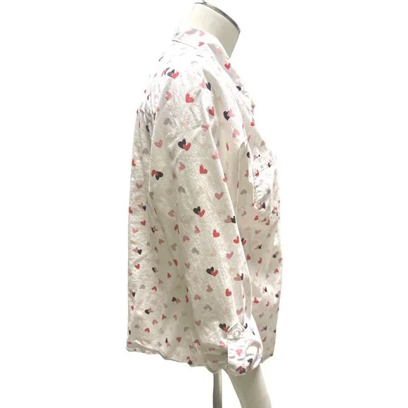 Christopher & Banks Petite Medium White Button Up Shirt Pink Red Heart Print Top - Picture 3 of 10